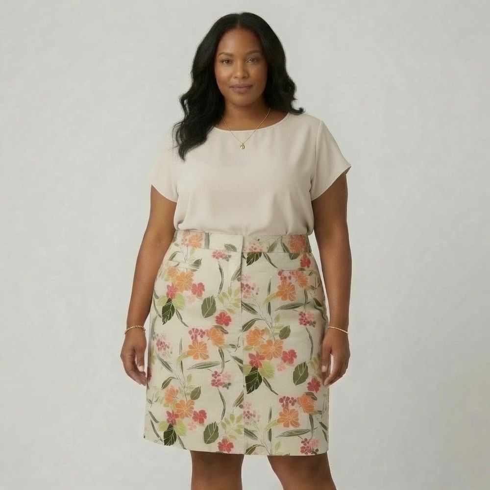 Lane Bryant Garden Floral Skirt Women 20 Orange Tropical Stretch Knee Length